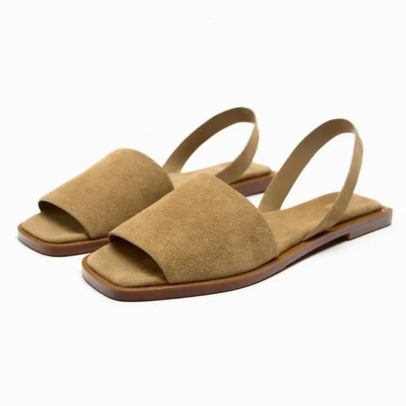 FLAT LEATHER SANDALS WITH HEEL STRAP - Picture 1 of 7